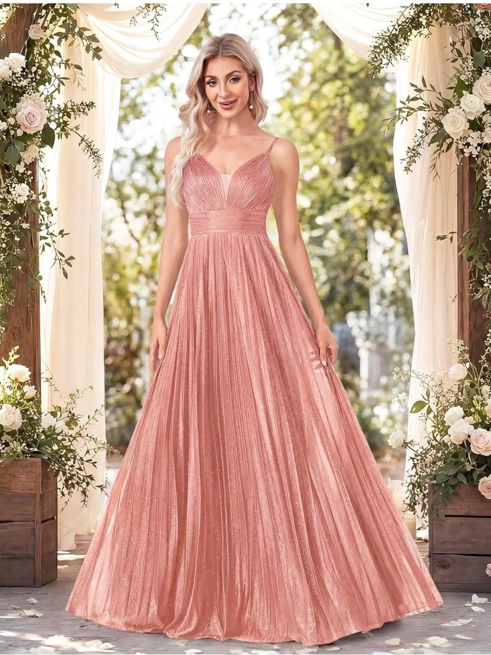 Rose Gold Pleated Maxi Dress with Spaghetti Straps
